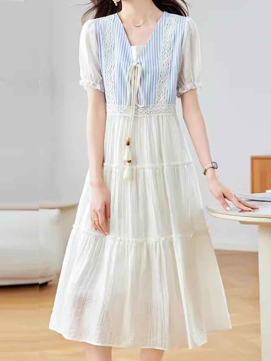 Ariana Classic V-Neck Puff Sleeve Striped Dress