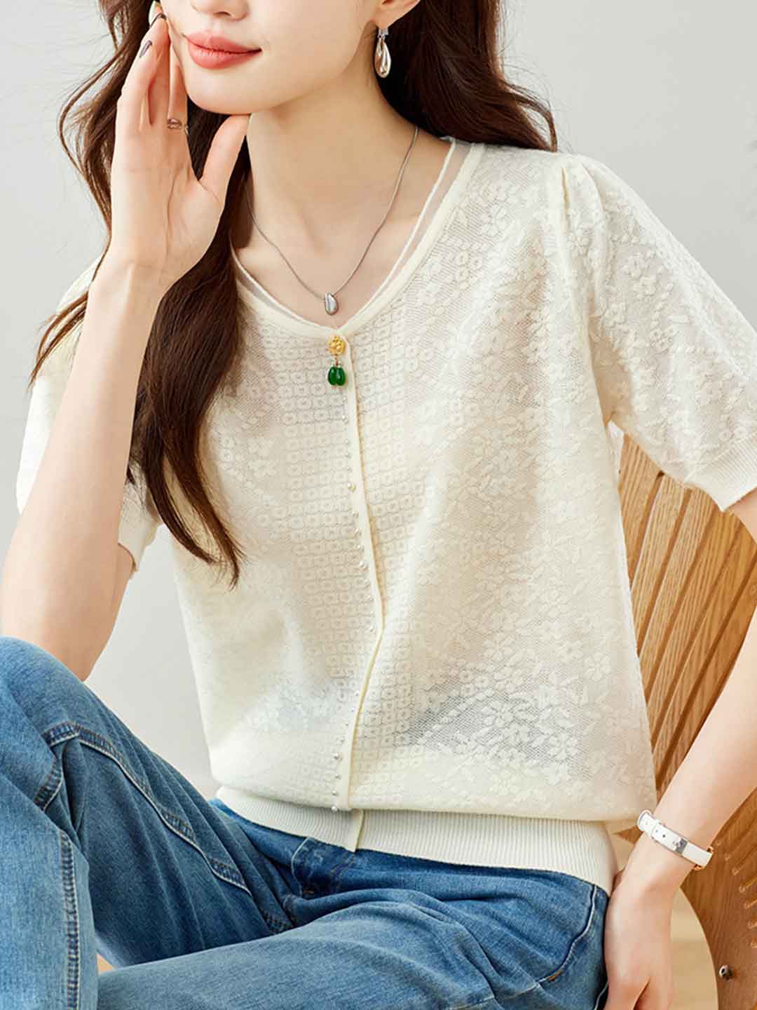 Gianna Casual V-Neck Puff Sleeve Embroidered Knitted Top