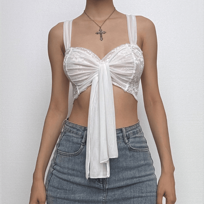 Lace mesh patchwork knotted crop cami top