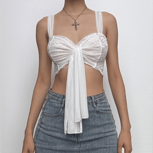 Lace mesh patchwork knotted crop cami top