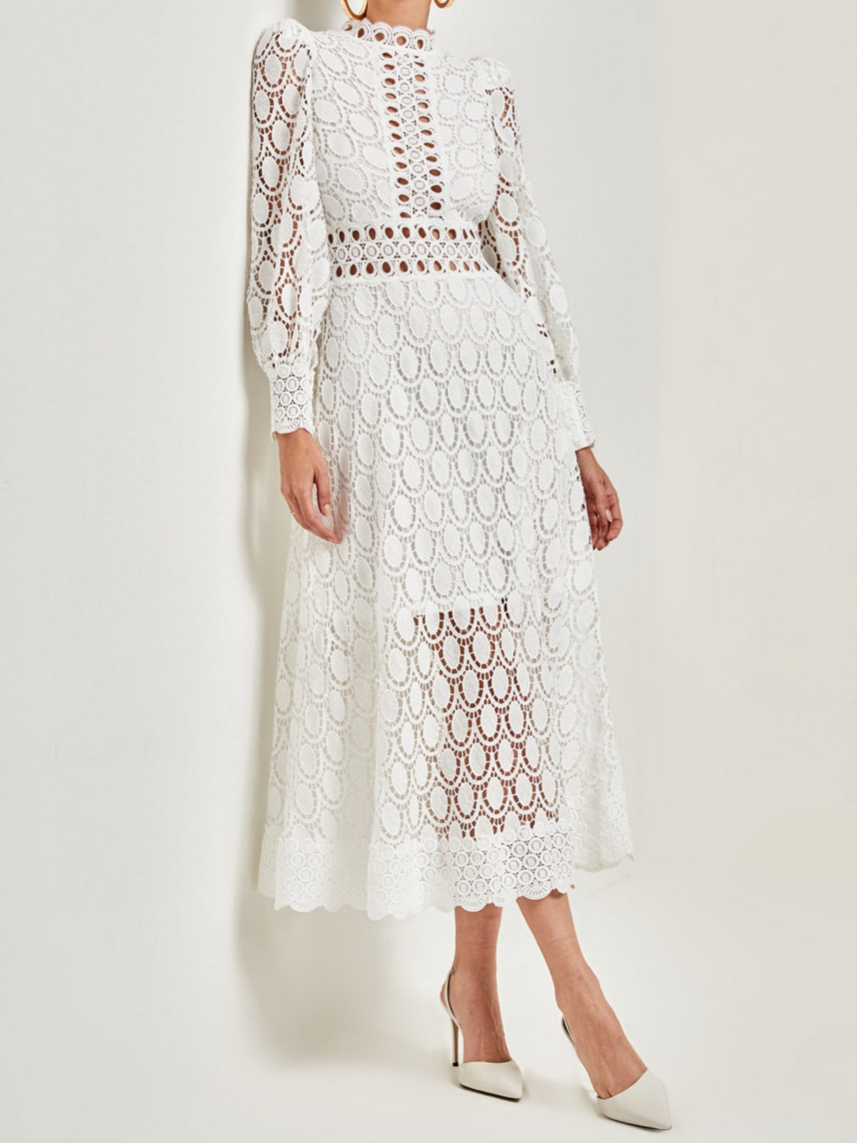 Lace Cutout Lace Patchwork Long-sleeved Long Dress