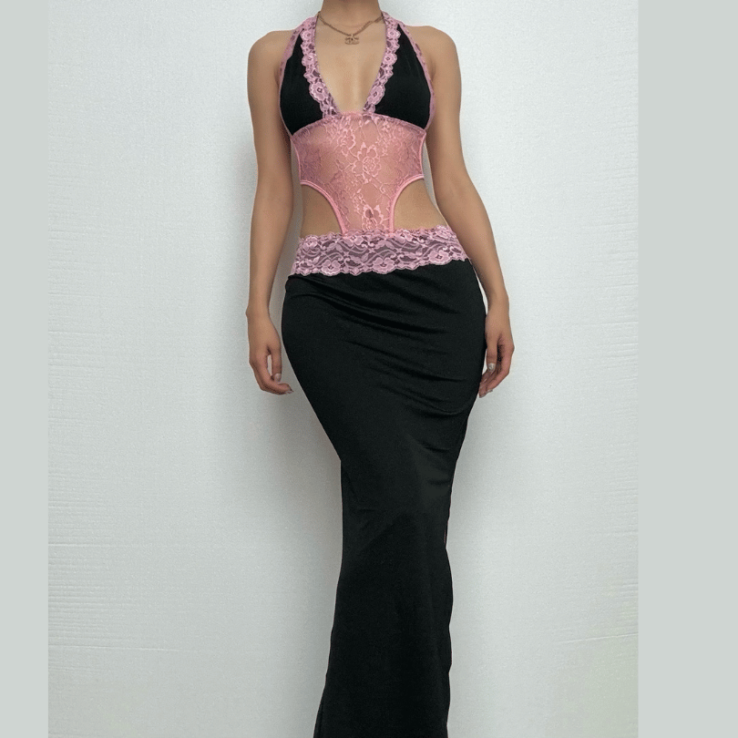 Halter patchwork lace deep v neck maxi dress