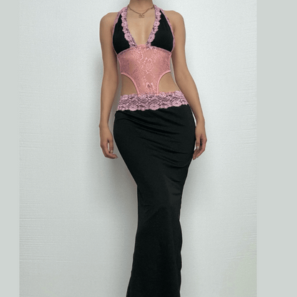 Halter patchwork lace deep v neck maxi dress