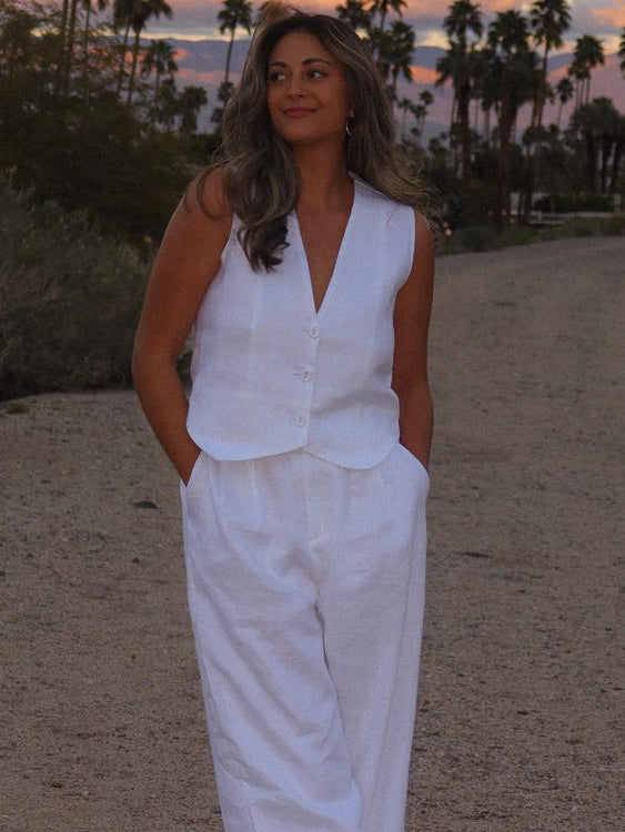 White Vest Waist Coat & Wide Leg Pants Coord Set