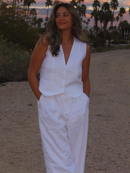 White Vest Waist Coat & Wide Leg Pants Coord Set
