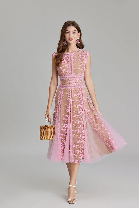Maëlle Round Neck Mesh Embroidered Midi Dress In Beige