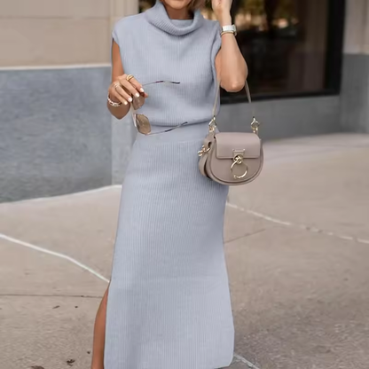 Women's Cowl Neck Midi Sweater Dress – Waisted Side Slit Knit Gown