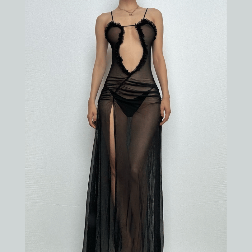 Sheer mesh hollow out ruched high slit cami cut out maxi dress