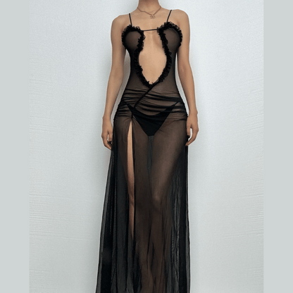Sheer mesh hollow out ruched high slit cami cut out maxi dress