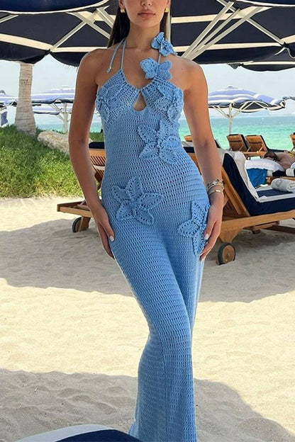Halter Cut Out Floral Crochet Maxi Dress