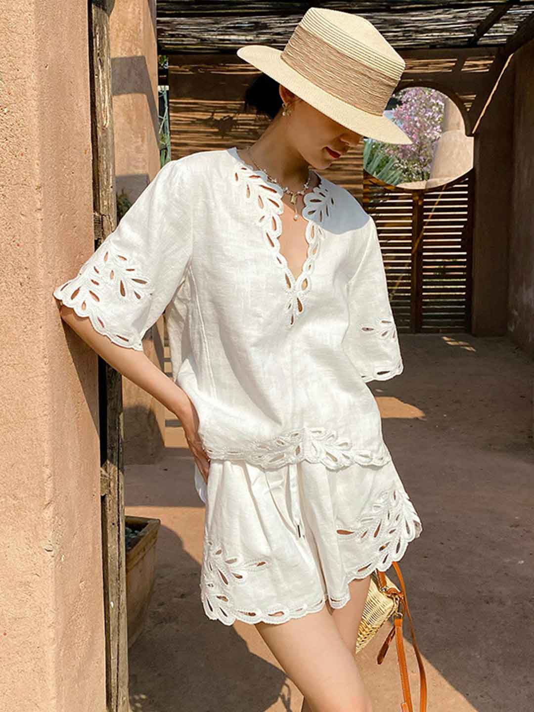 Amelia Vacation V-Neck Flare Sleeve Embroidered Top