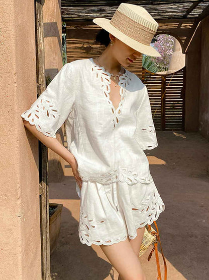 Amelia Vacation V-Neck Flare Sleeve Embroidered Top