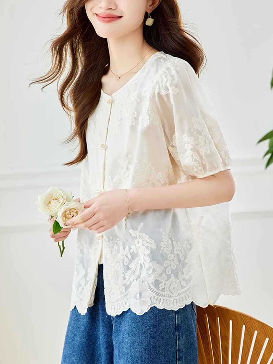 Brianna Retro Crew Neck Embroidered Lace Top