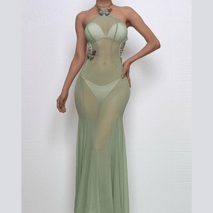 Halter sheer mesh butterfly applique backless maxi dress