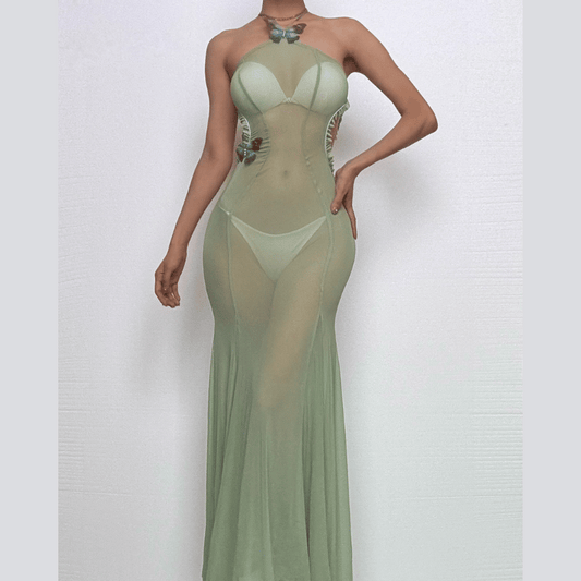 Halter sheer mesh butterfly applique backless maxi dress