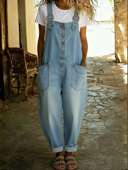 Retro Distressed Loose-fitting Adjustable Buckle Casual Denim Jumpsuit