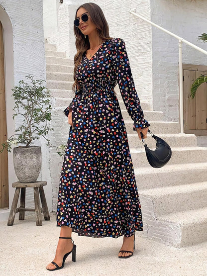 Floral Long Sleeve Square Collar Vacation And Leisure Maxi Dresses