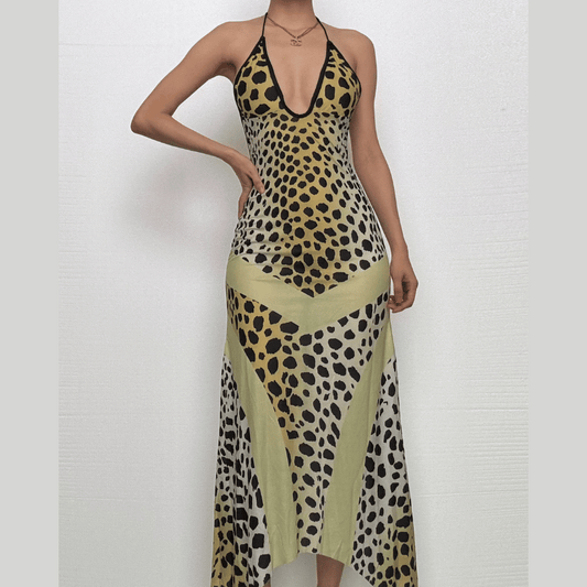 Halter print deep u neck patchwork 2-way midi dress