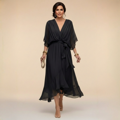 Women's Elegant V-Neck Chiffon Flared Midi Dress with Belt - Perfect Wedding Guest Dress