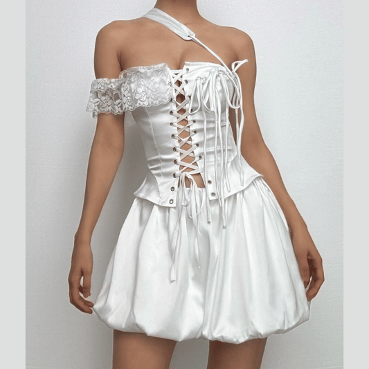 One off shoulder irregular lace up satin ruffle puff skirt set