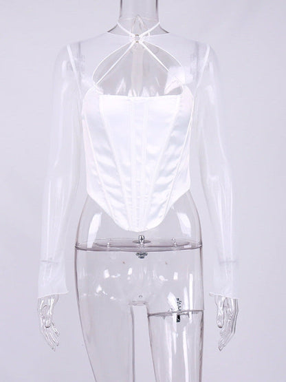 Hollow Out Mesh Sleeves Boning Corset Top