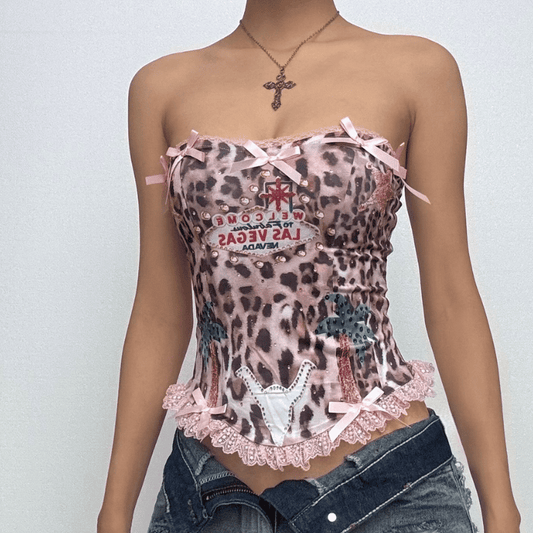 Bowknot leopard print lace hem backless tube top