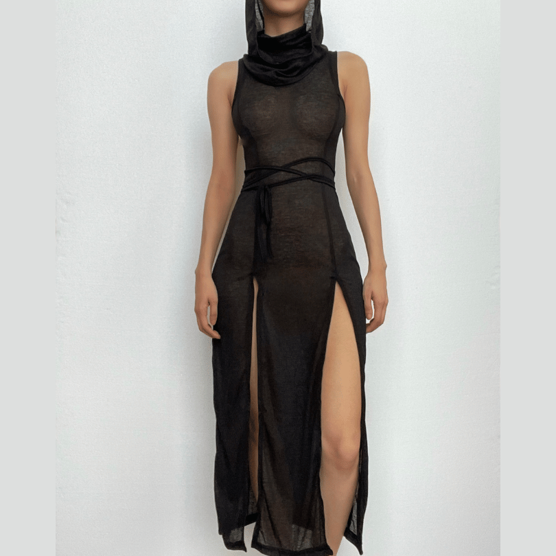 Cowl Neck Tie Waist Double Slit Sleeveless Maxi Dress