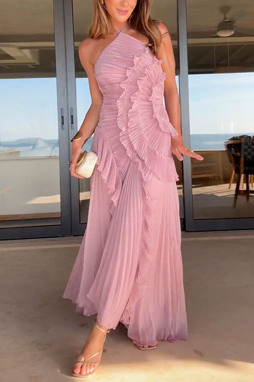 Strappy Halter Neck Ruffle Trim Asymmetric Hem Pleated Maxi Dress
