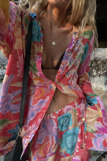 Long Sleeves Button Up Shirt and Wide Leg Pants Floral Print Set