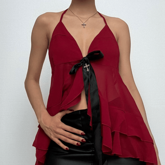 Halter cross applique bowknot mesh ruffle top