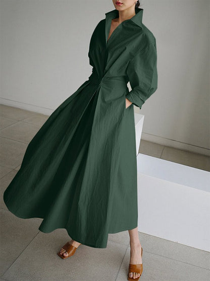 Deep V Collar Long Sleeve Pleated Pocket Midi Shirt Dress