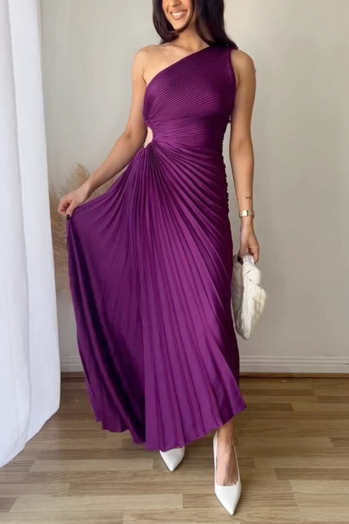 One Shoulder Cut Out Waist Solid Pleated Maxi Dress