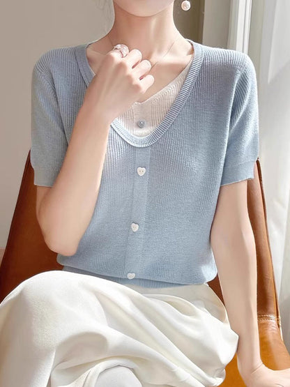 Angelina Casual V-neck Patchwork Knitted Top