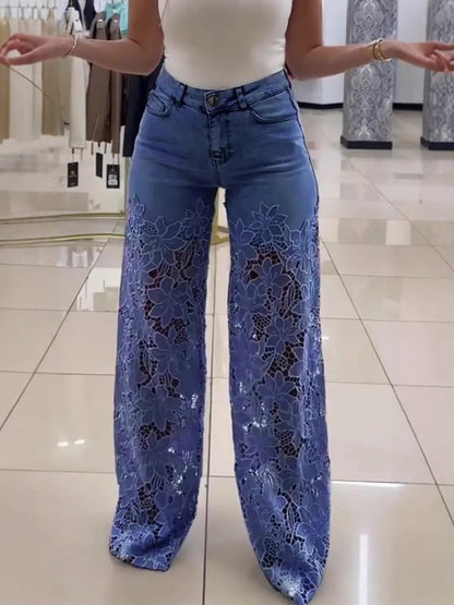 High-waisted Wide-leg Pants Openwork Lace Patchwork Jeans