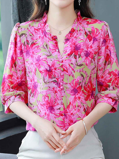 Bailey Loose V-neck Floral Ruffle Chiffon Top