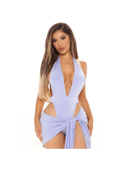 Pure color halter neck V-neck strapless backpack hip skirt suit