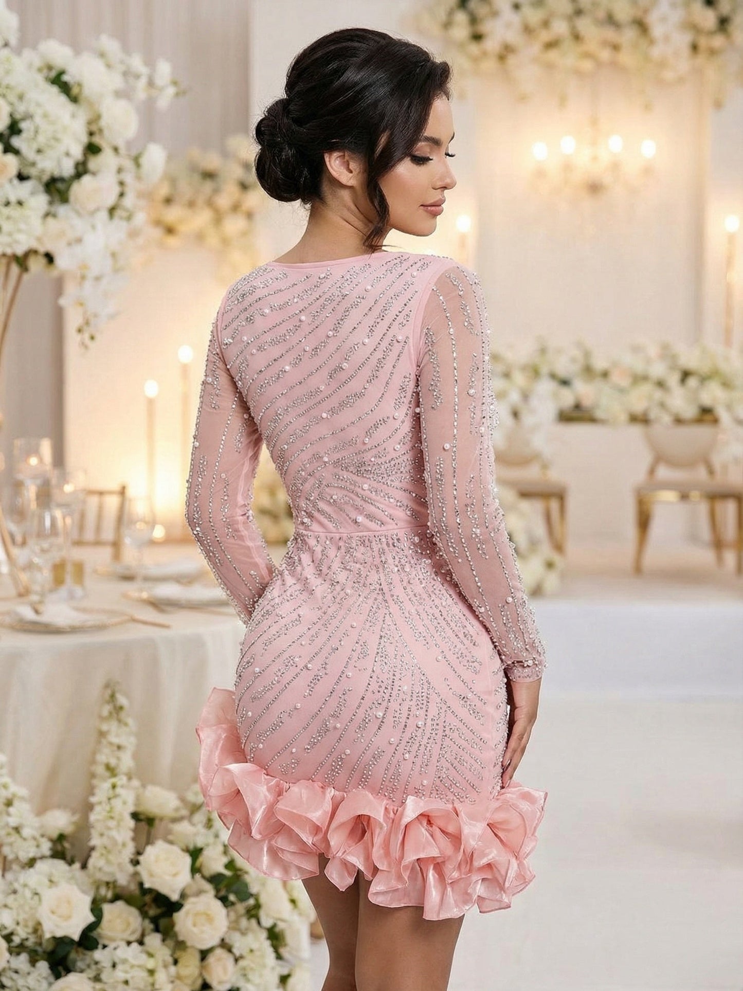 3D Flowers Hot-fix Rhinestones And Bubble Beads Evening Gown Sheer Long-sleeved Square Neck Mini&Short Dresses