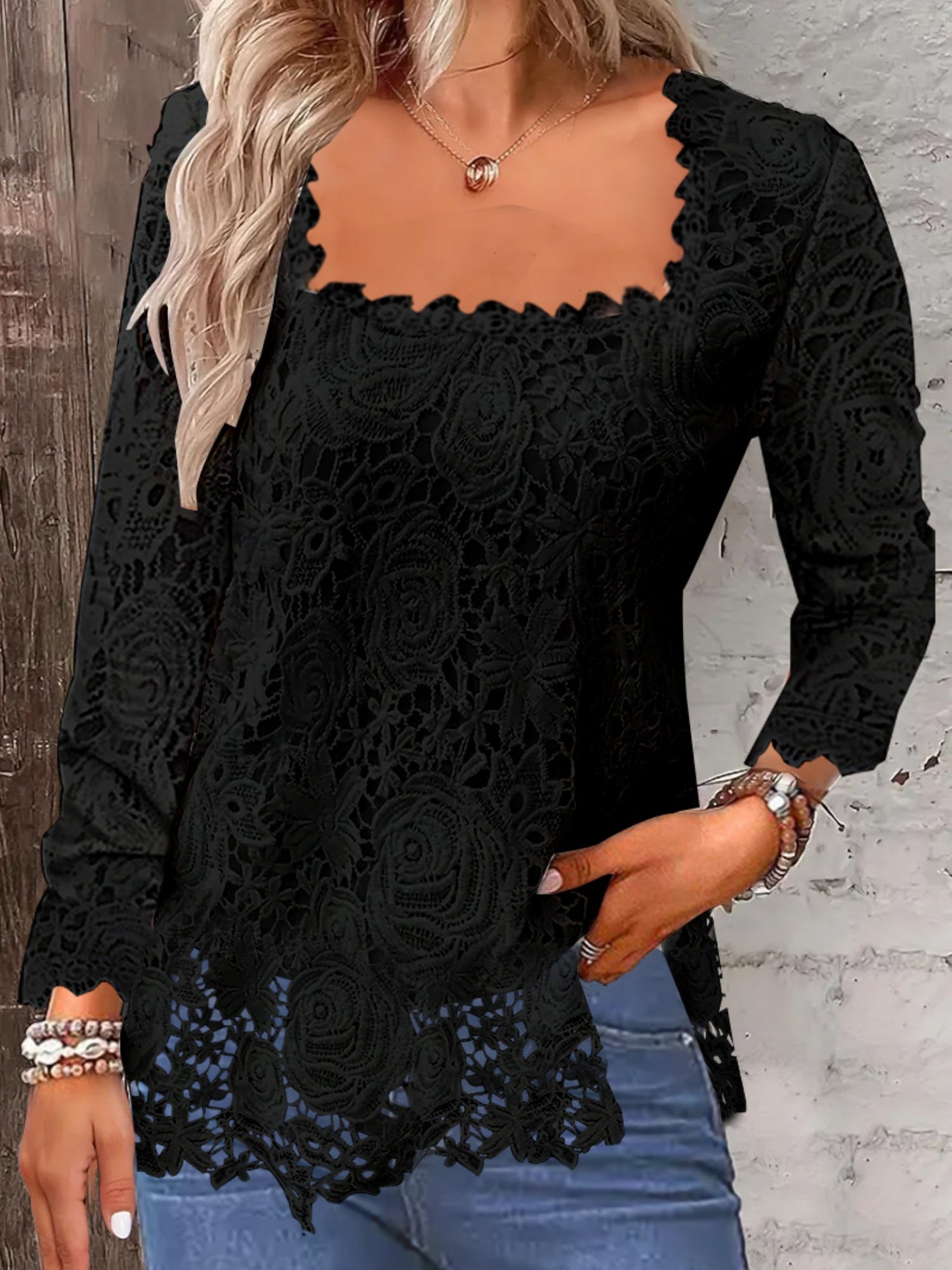 Lace Trim Square Collar Long-sleeved T-shirt