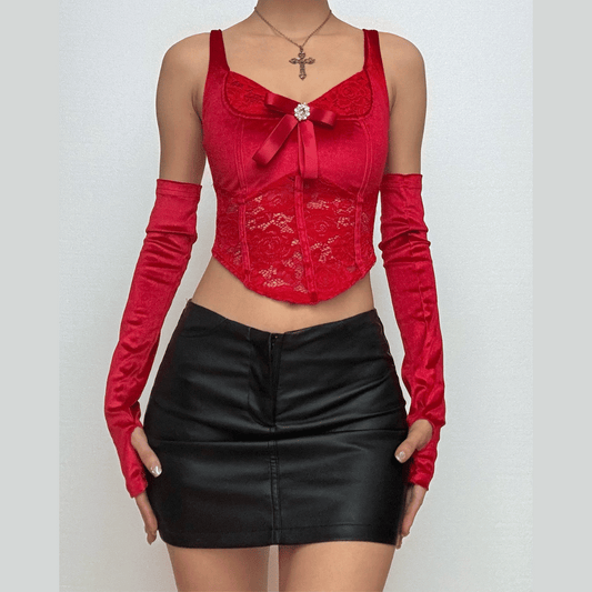 Gloves bowknot lace velvet patchwork cami top