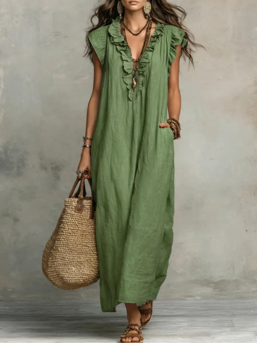 V-neck Pleats Solid Color Long Dress