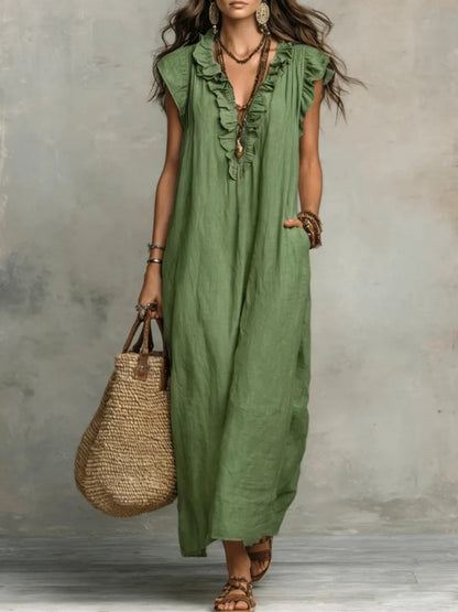 V-neck Pleats Solid Color Long Dress