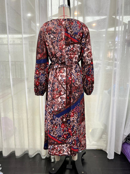 Floral Print Round Neck Lace Up Maxi Dress