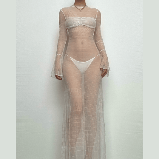 Long flared sleeve textured see through maxi dress-final-sale