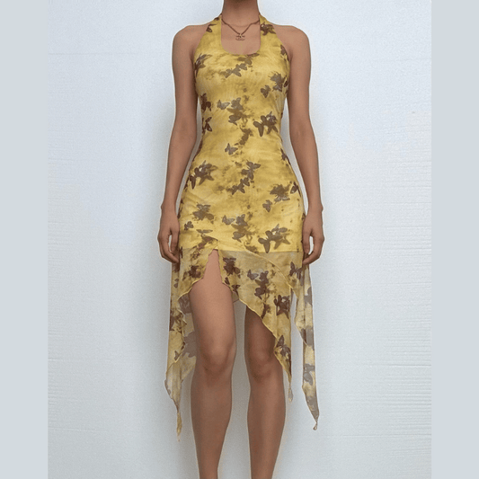 Halter butterfly print ruffle irregular midi dress
