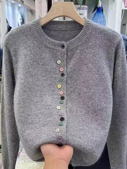 Aaliyah Classic Crew Neck Buttoned Knitted Cardigan-Red