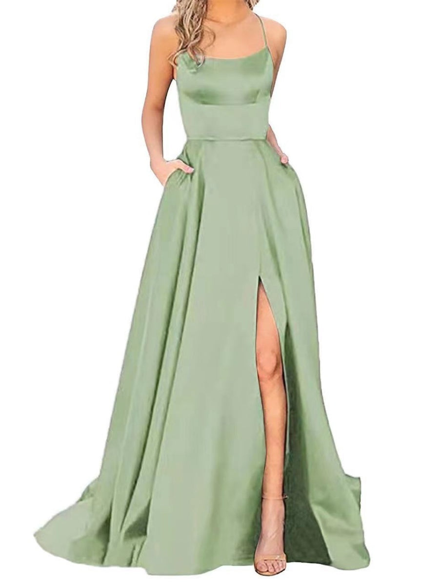 Silk High Fork Solid Color Camisoles Maxi Dresses