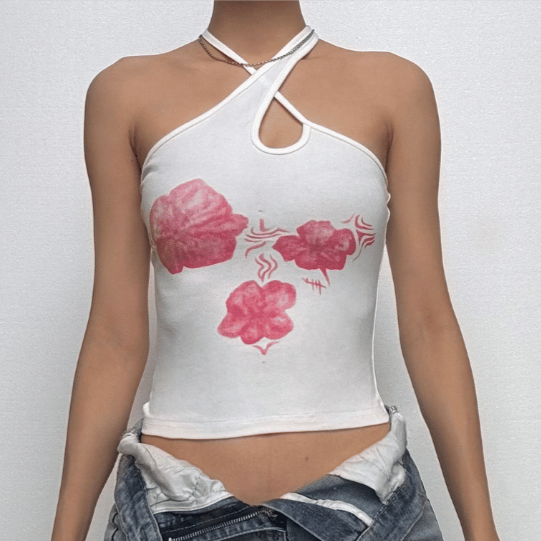 Halter hollow out flower print backless cut out top