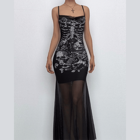 U neck skull print mesh backless cami maxi dress