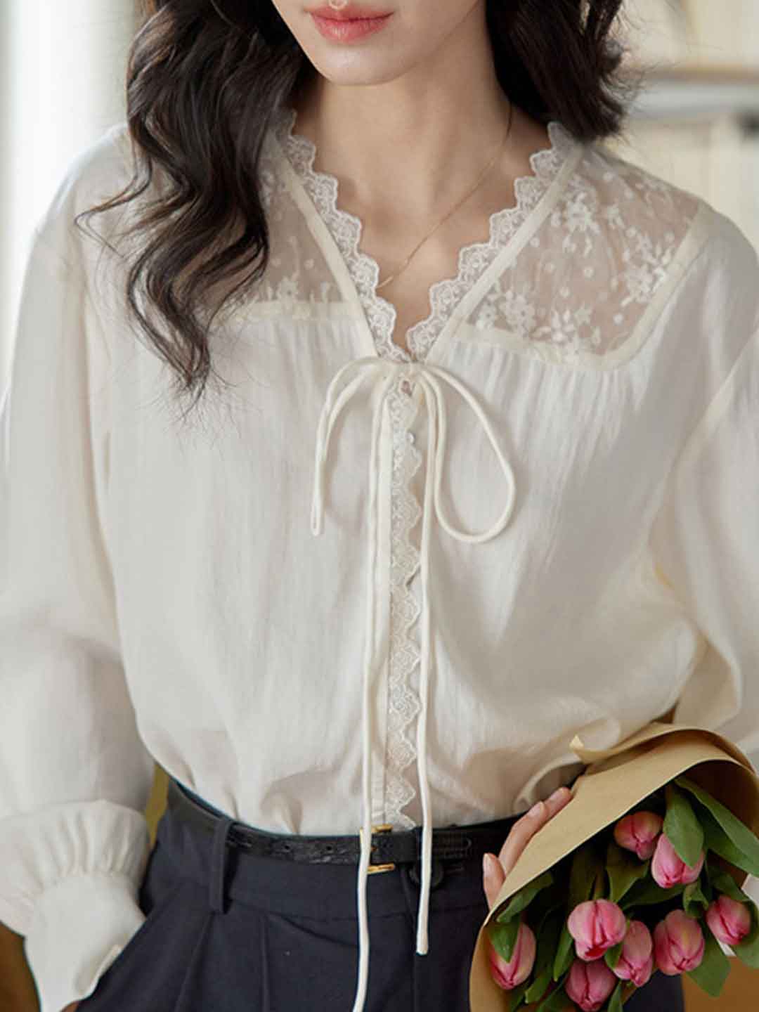 Aubrey Vintage V-neck Patchwork Lace Shirt