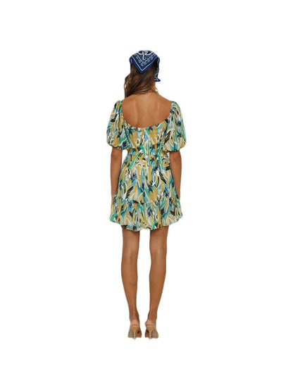 Summer Print Square Short Sleeve Tie A Line Dress